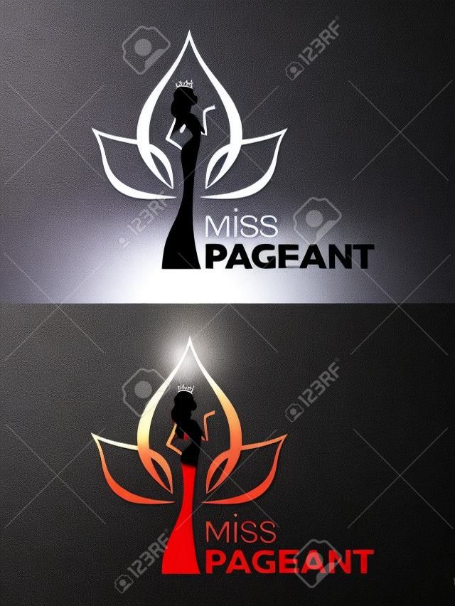 Miss verkiezing logo teken met vrouw dragen een kroon in lotus bloem