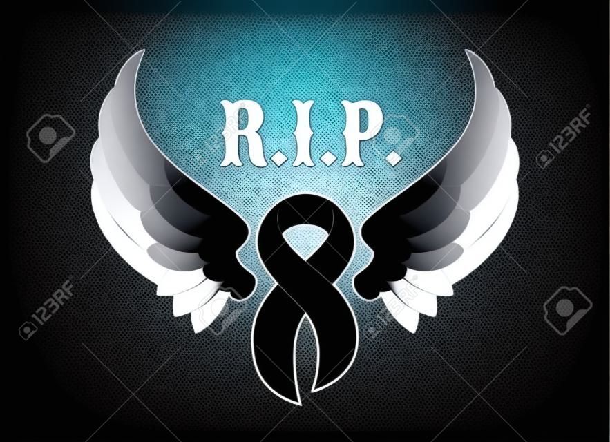 Ruhe in Frieden RIP. mit schwarzem Band und Friedensflügel-Vektordesign