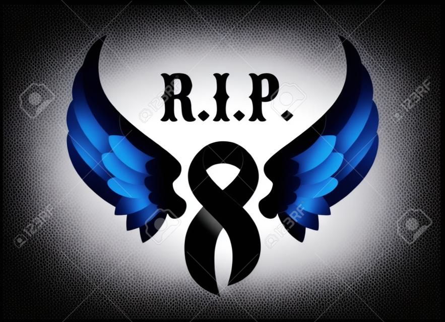 Rest in peace RIP. with black ribbon and peace wings vector desig