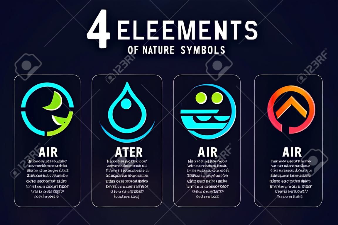 4 elementi dei simboli della natura allineano lo stile astratto del cerchio con il disegno vettoriale di terra, fuoco, aria e acqua