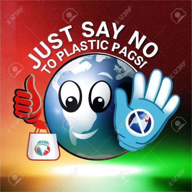 Basta dire no al sacchetto di plastica con il simbolo del mondo mostra stop alla plastica e tieni premuto il banner del sacchetto di stoffa