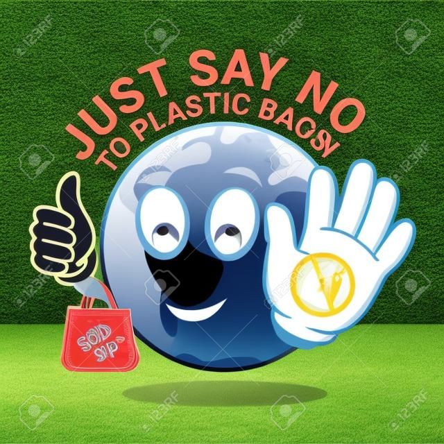 Simplemente diga no a la bolsa de plástico con el carácter mundial que muestra el letrero de parada de plástico y sostenga el cartel de la bolsa de tela