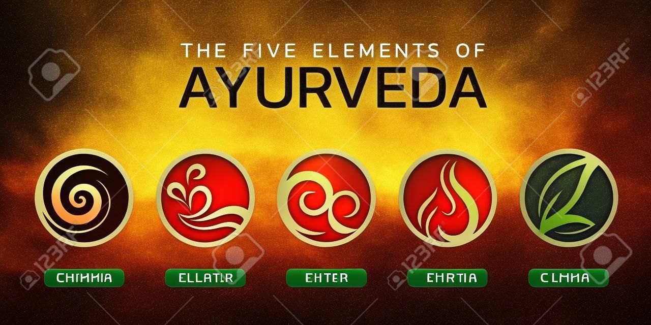 De vijf elementen van Ayurveda met ether water wind vuur en aardcirkel pictogram teken ontwerp
