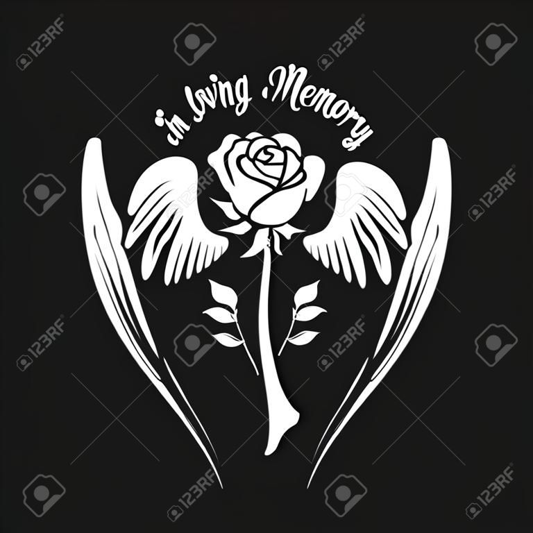en texto de memoria amorosa y rosa con alas sobre fondo negro diseño vectorial