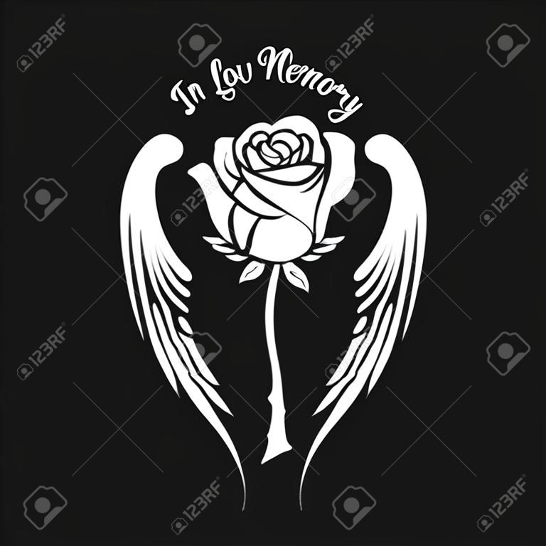 in loving memory text and rose with wings on black background vector design