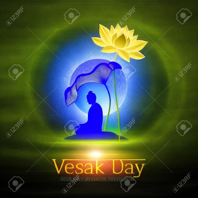 Vesak day banner with The Lord Buddha meditated under Big lotus leaf and flower in raining and full moon night