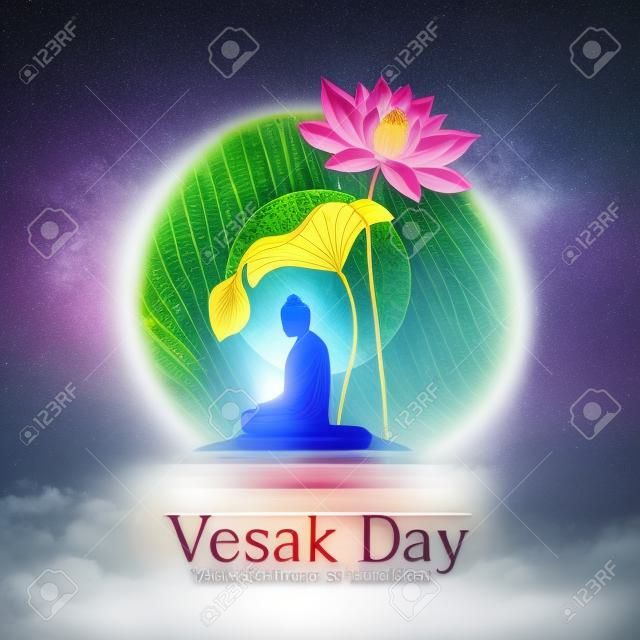 Vesak dag banner met De Heer Boeddha mediteerde onder Grote lotus blad en bloem in het regenen en volle maan nacht