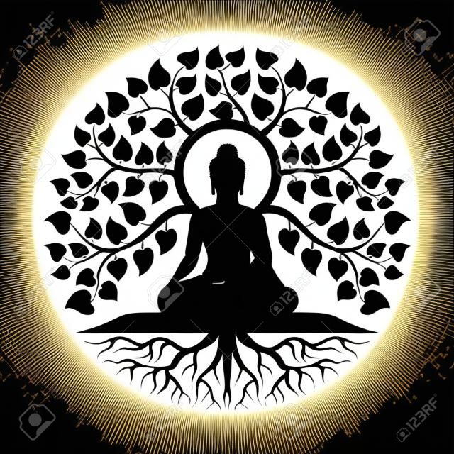 Meditação de Buda Negro sob árvore de bodhi com folha e raiz abstrato círculo estilo vector design