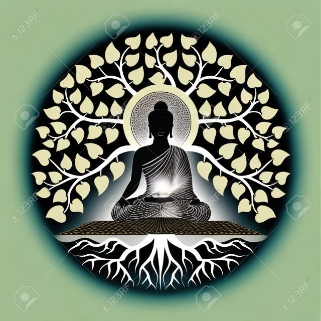 Meditación de Buda negro bajo el árbol bodhi con diseño de vector de estilo de círculo abstracto de hoja y raíz