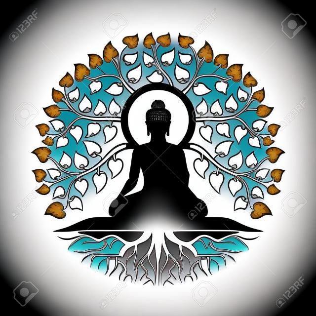 Meditación de Buda negro bajo el árbol bodhi con diseño de vector de estilo de círculo abstracto de hoja y raíz