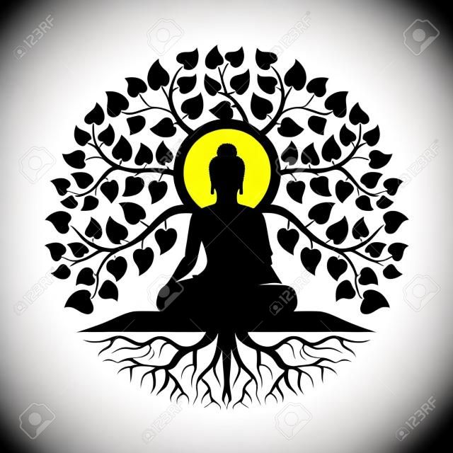 Meditação de Buda Negro sob árvore de bodhi com folha e raiz abstrato círculo estilo vector design