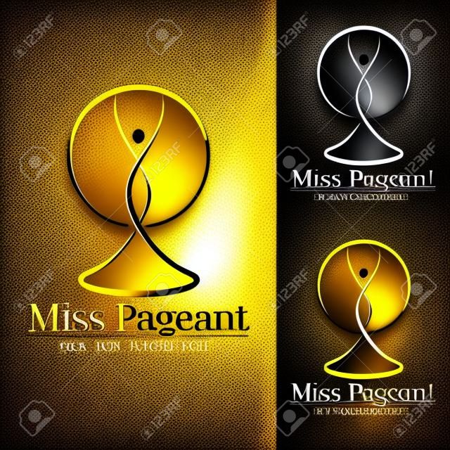 Miss Pageant Schild mit schwarzer, goldener und silberner abstrakter Linie Die Schönheitskönigin Heben Sie beide Hände im Kreisring-Vektordesign