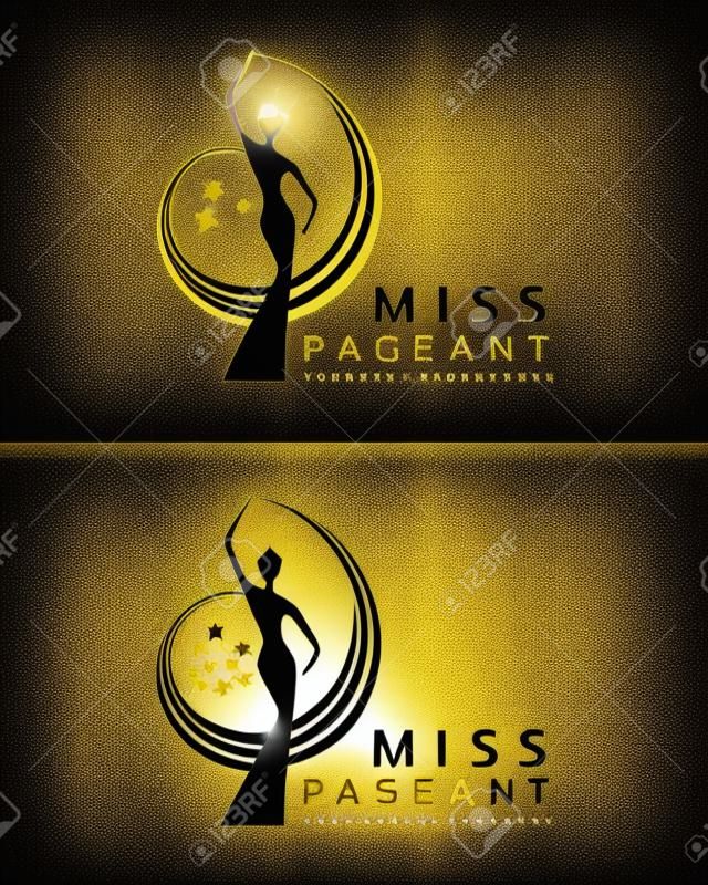 miss verkiezing logo met goud en zwart abstract Beauty queen dragen Crown en verhogen hand zwaaien en sterrenteken vector dersign