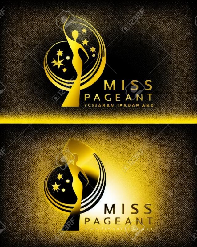 logotipo del concurso de señoritas con reina de belleza abstracta dorada y negra usar corona y levantar la mano agitando y signo de estrella vector dersign