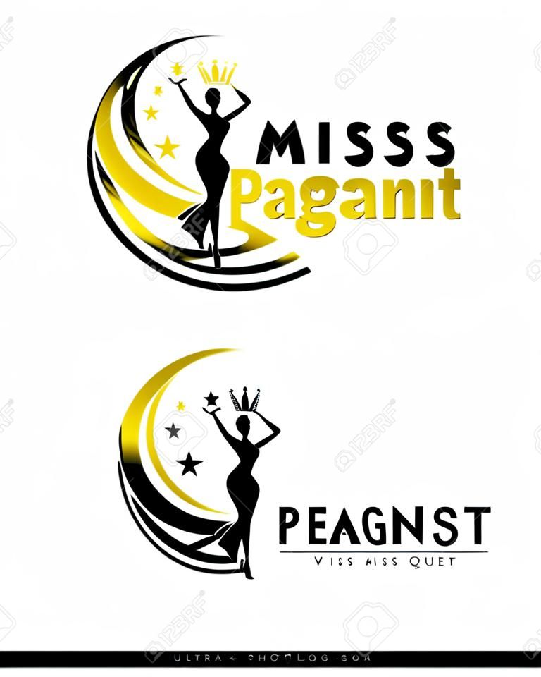 miss pageant logo with gold and black abstract Beauty queen wear Crown and Raise hand waving and star sign vector dersign