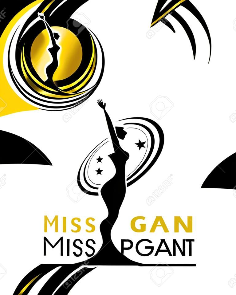 Miss Pageant Logo mit Gold und Schwarz abstrakt Schönheitskönigin trägt Crown and Raise Hand winkend und Sternzeichen Vektor Dersign