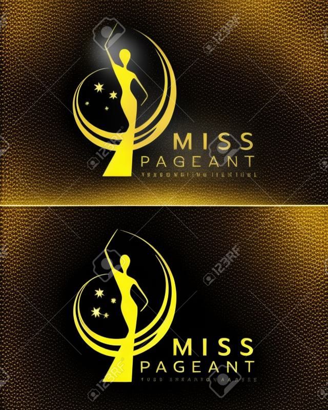 miss pageant logo avec or et noir abstrait Beauty queen wear Crown and Raise hand waving et star sign vector dersign