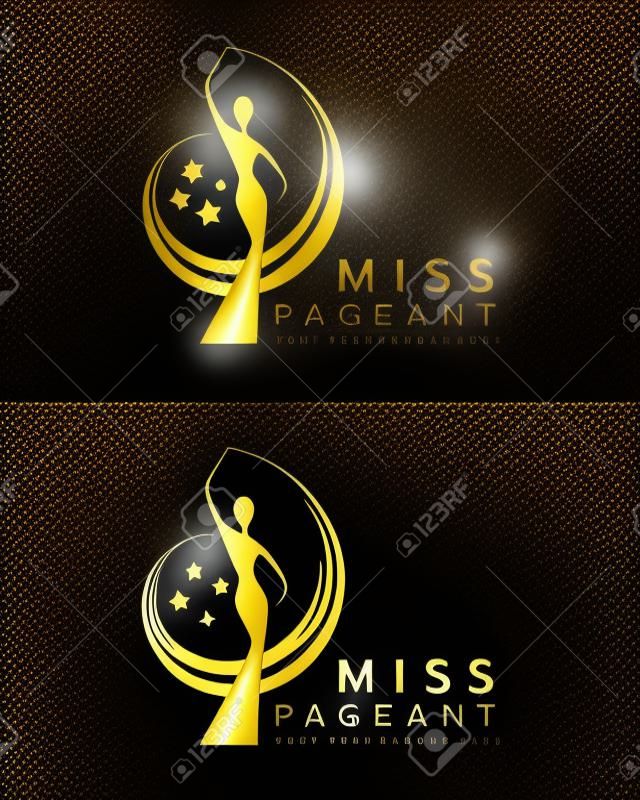 miss pageant logo with gold and black abstract Beauty queen wear Crown and Raise hand waving and star sign vector dersign