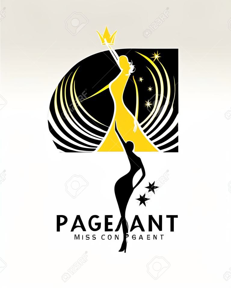 miss verkiezing logo met goud en zwart abstract Beauty queen dragen Crown en verhogen hand zwaaien en sterrenteken vector dersign