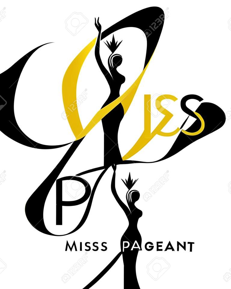 miss pageant logo avec or et noir abstrait Beauty queen wear Crown and Raise hand waving et star sign vector dersign