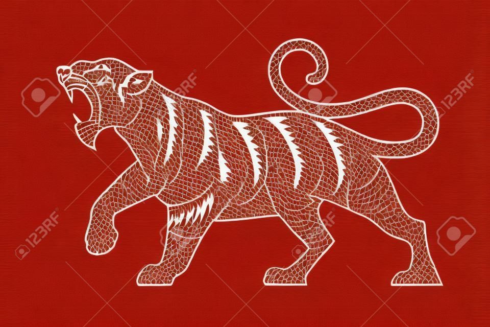 Chiński zodiak zwierzęta czerwony papercutting tygrys chiński nowy rok wektor wzór