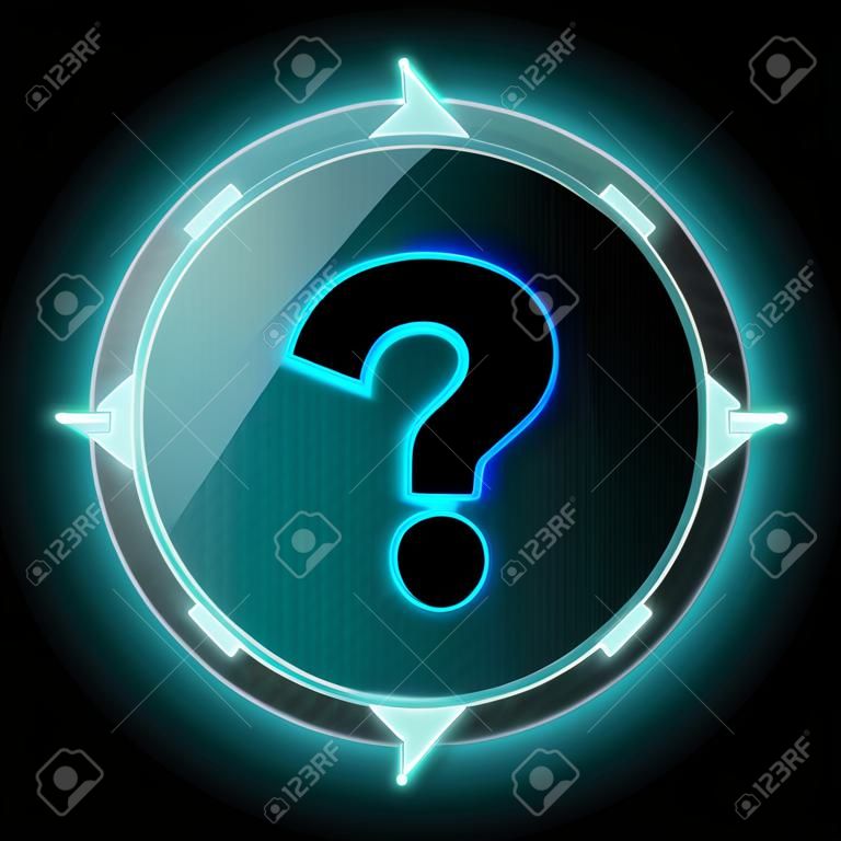 glowing round button with a question sign on it and circular arrows on black background