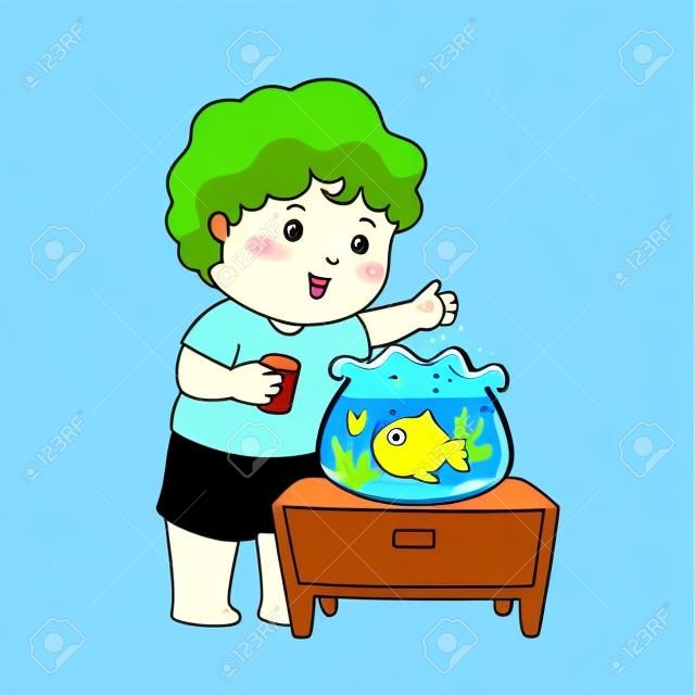 Ilustracja ładny mały chłopiec karmienia ryb w wektorze kreskówki akwarium.