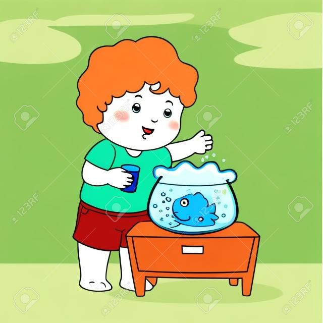 Ilustración del niño pequeño lindo que alimenta pescados en vector de la historieta del acuario.