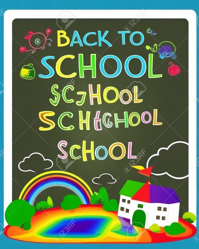 Back to school poster design vector.
Template for advertising poster.Ready for your text,message,blank,
colorful rainbow with school on green land and cute blackboard 
vector illustration.