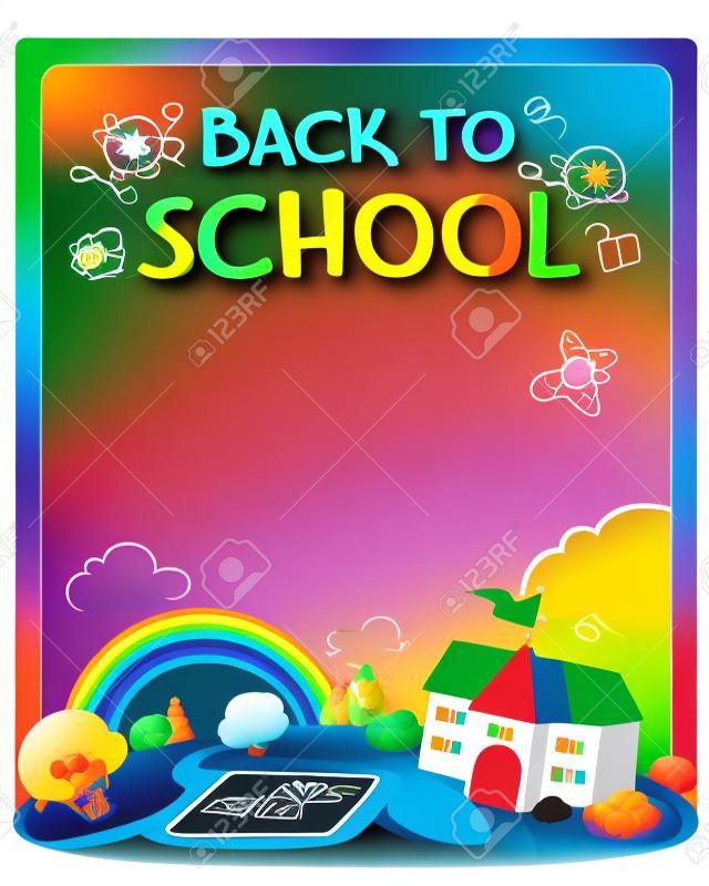 Back to school poster design vector.
Template for advertising poster.Ready for your text,message,blank,
colorful rainbow with school on green land and cute blackboard 
vector illustration.