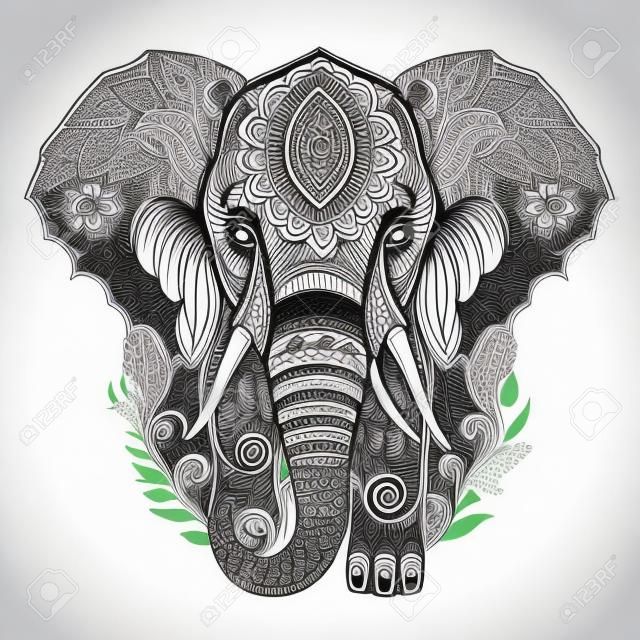 Elephant head with mandala ornament. Hand drawn vector illustration.