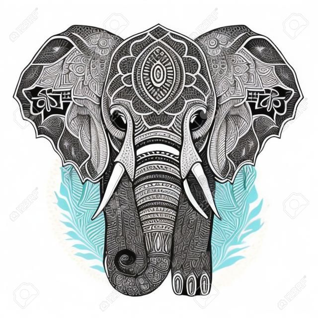 Elephant head with mandala ornament. Hand drawn vector illustration.