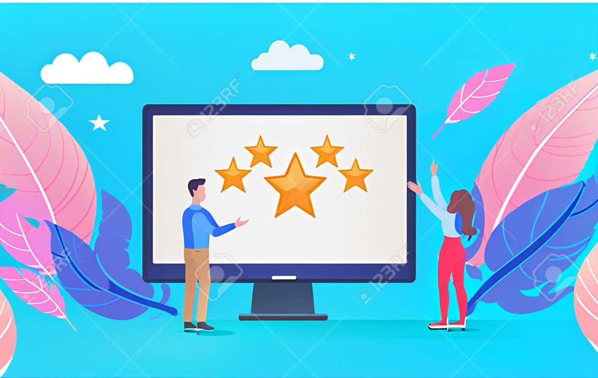 User giving five star rating. feedback review scroll. People vector illustration. Flat cartoon character graphic design. Landing page template