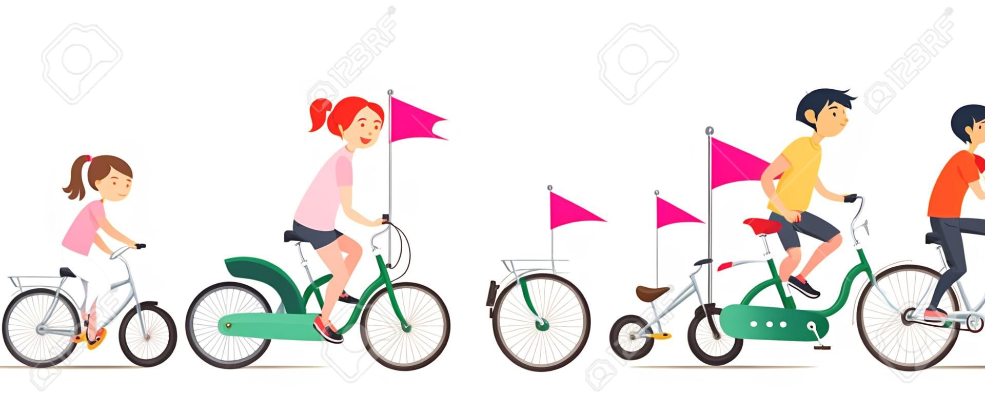 Family on bicycles walk. Male and female riding on bike