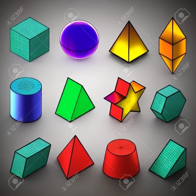 ジオメトリ シェイプの 3D モデル。色付きの画像セット。ピラミッド、星、立方体などピラミッドと立方体、ジオメトリ モデル シリンダーと六角形のイラスト