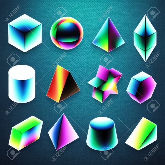 Model 3D kształtów geometrycznych. Zestawy kolorowych zdjęć. Piramidy, gwiazdy, sześcian i inne