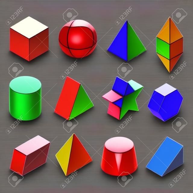 Model 3D kształtów geometrycznych. Zestawy kolorowych zdjęć. Piramidy, gwiazdy, sześcian i inne