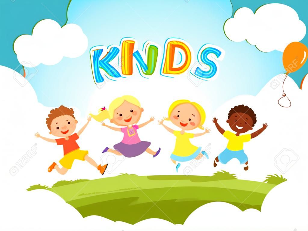 Children jumping background. Happy kids playing male and female on playground vector template with place for your text. Happy girl and boy, play fun jumping, friendship and childhood illustration