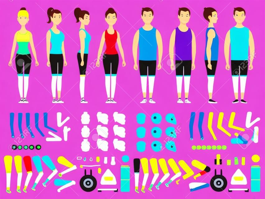 スポーツの人々のアニメーション。フィットネス男性と女性のワークアウトマスコットボディパーツベクター作成キット。●女の子と男の子の体、トレーナークリエーションの男性と女性の物理的な強さのイラスト