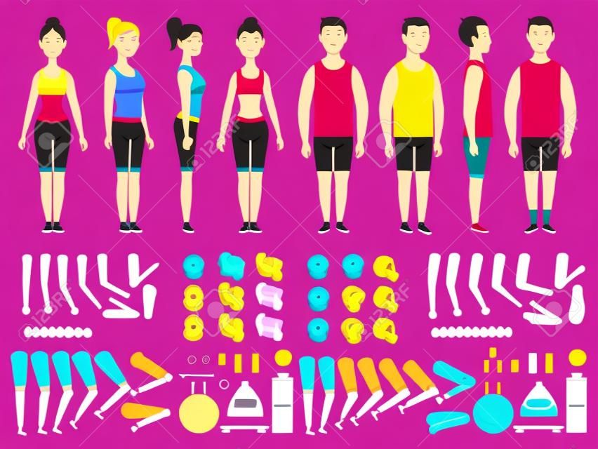 Sport people animation. Fitness male and female workout mascots body parts vector creation kit. Illustration of people girl and boy body, trainer creation man and woman physical strong
