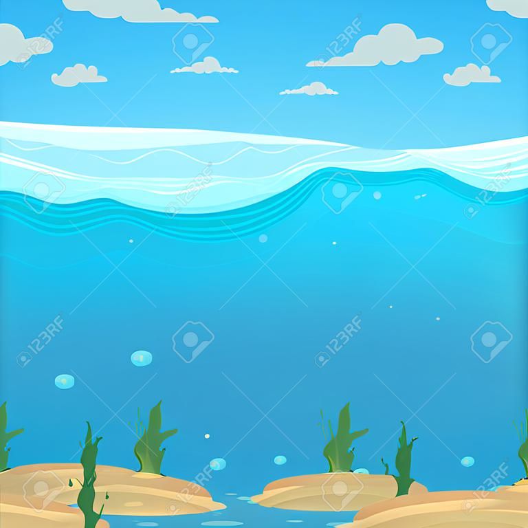 Fundo de ondas de água. Superfície de desenho animado do oceano do oceano do padrão líquido sem emenda para o jogo do vetor 2d. Oceano da água da superfície, ilustração do espaço subaquático do mar