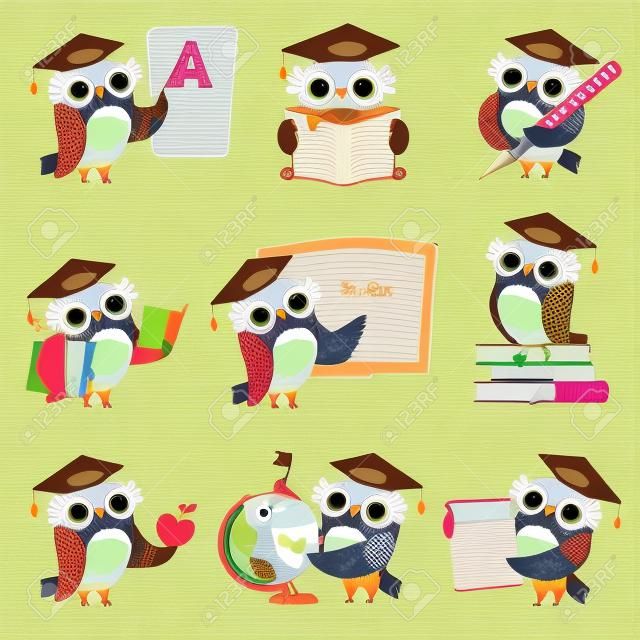 Scuola di gufi. Caratteri degli uccelli dell'insegnante che insegnano a leggere la raccolta del fumetto dei gufi di scrittura. Gufo insegnante di uccelli, mascotte dello studio e dell'insegnamento dell'illustrazione