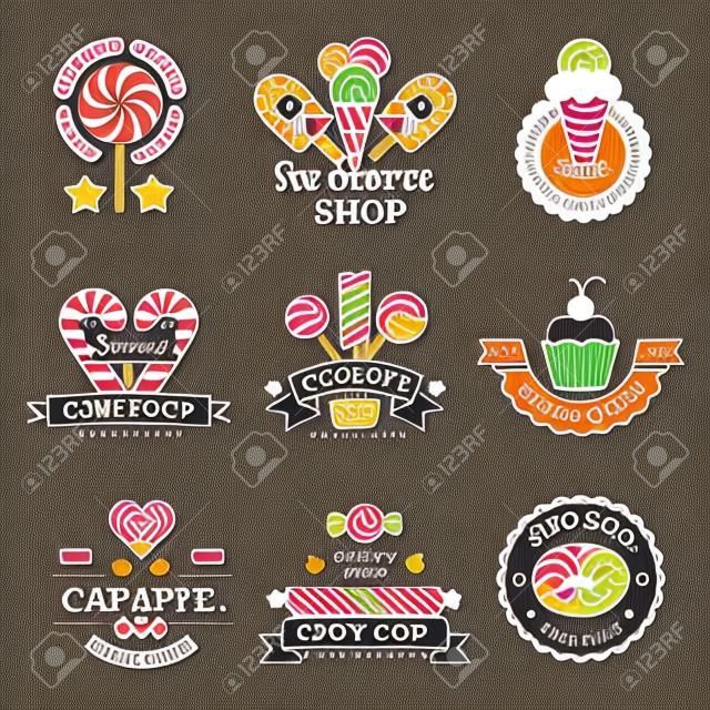 과자 로고. 사탕 가게 제과 회사 롤리팝 케이크와 도넛 벡터 컬렉션을 위한 배지. 제과 엠블럼과 로고, 배지 회사 사탕의 일러스트