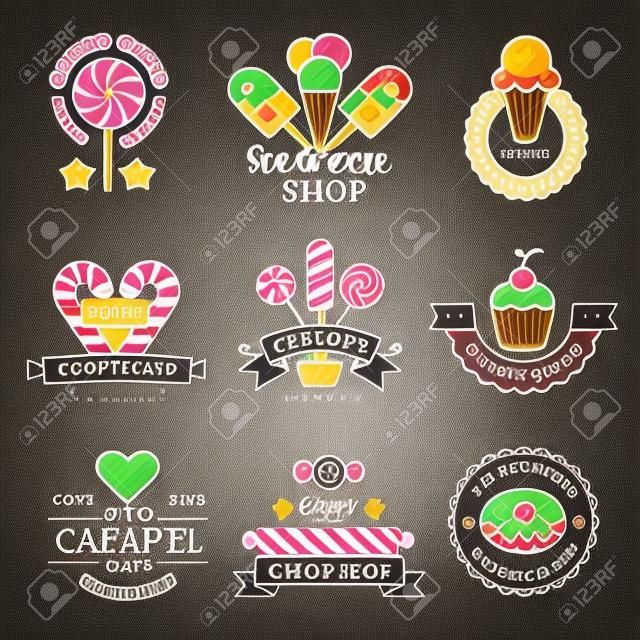 Logo di dolci. Distintivi per la raccolta di vettore di torte lecca-lecca e ciambelle dell'azienda dolciaria del negozio di caramelle. Illustrazione dell'emblema e del logo della pasticceria, caramelle dell'azienda di badge