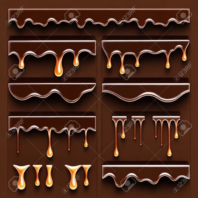 Chocolate dripped. Sweet flowing liquid food with splashes and drops caramel cacao vector realistic pictures. Brown liquid dessert, sweet drip melt