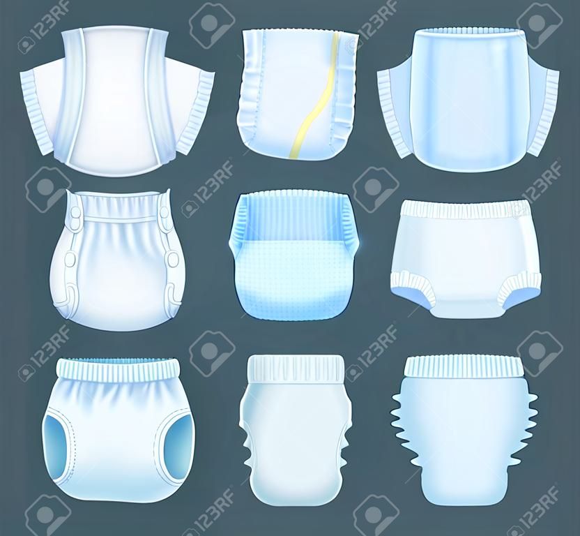 Diaper realistic. Baby comfortable white softly layered incontinence diapers for pee absorbent vector templates collection. Soft diaper comfortable, realistic absorbing and safety illustration