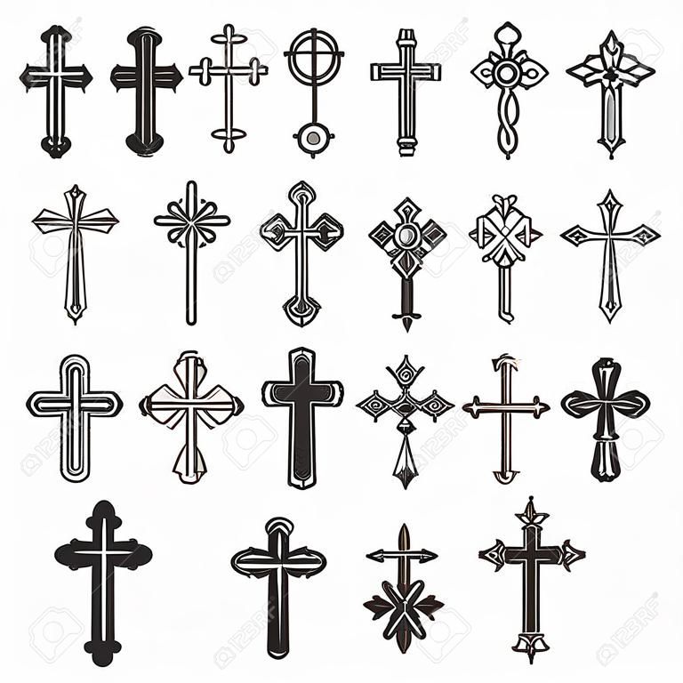 Religie kruis symbolen. Christenen katholiek iconen tribal vector collectie vrede Jezus foto's. Kruis spiritualiteit, katholiek geloof, christendom religieuze illustratie