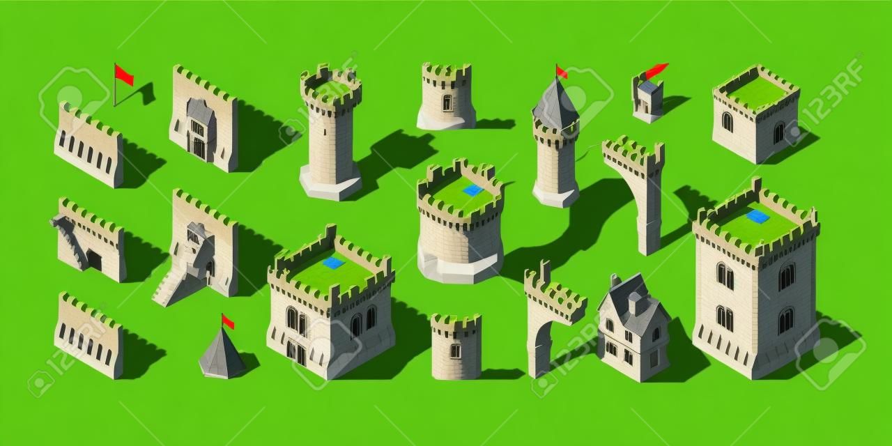 Castles Isometric. Medieval Buildings Brick Wall For Low Poly Game Asset  Old Fort Vector Set. Architecture Castle, Old Ancient Building Medieval.  Клипарты, SVG, векторы, и Набор Иллюстраций Без Оплаты Отчислений. Image  140361180