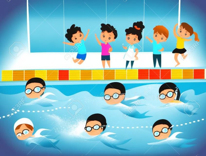 Competición de natación. Carrera de natación de deportes acuáticos para niños en el fondo de dibujos animados de vector de piscina. Ilustración natación competitiva y recreación, competencia nadador ilustración