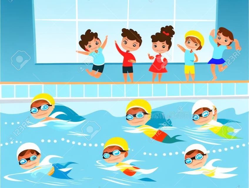 Competição de natação. Corrida de natação do esporte da água das crianças no fundo dos desenhos animados do vetor da piscina. Ilustração nadando competitivo e recreação, ilustração do nadador da competição